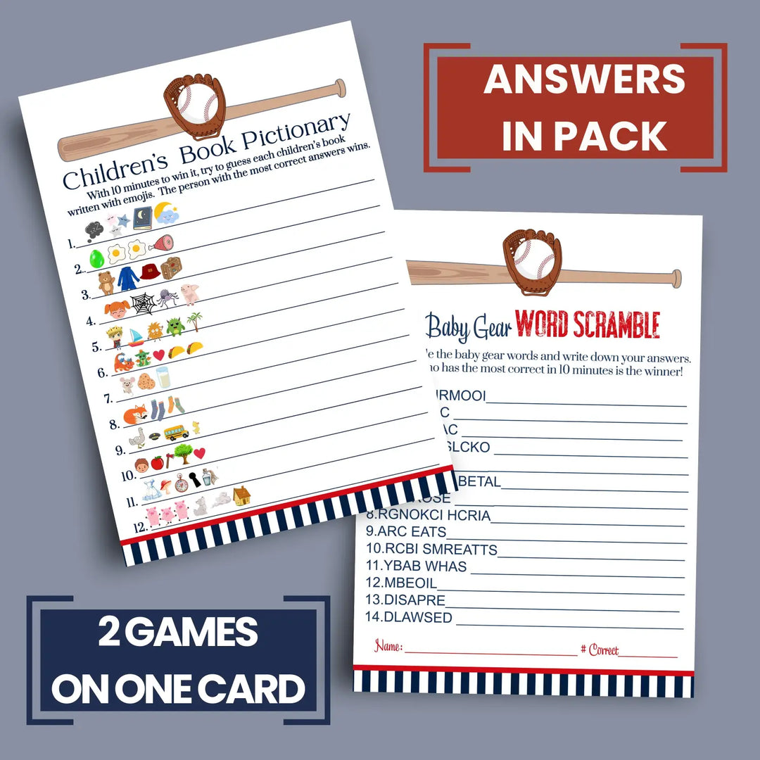 Baseball baby shower game set red & blue word scramble and storybook guessing activity - party games