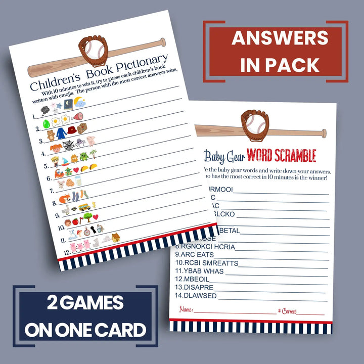 Baseball baby shower game set red & blue word scramble and storybook guessing activity - party games