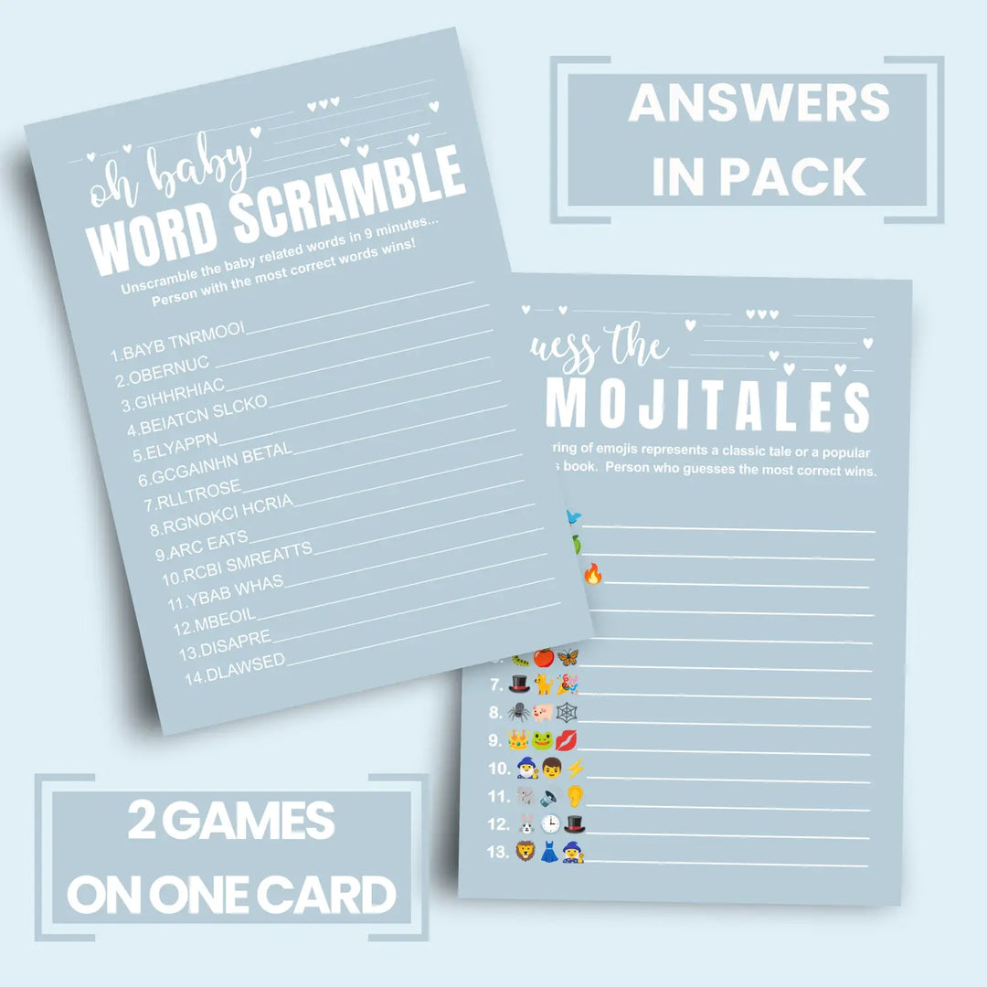 Blue baby shower game set - word scramble and guess the pictograms titles 5x7 double-sided cards 25 pack with answer