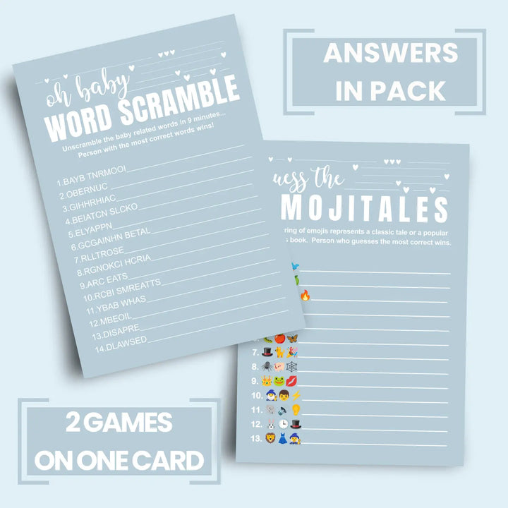 Blue baby shower game set - word scramble and guess the pictograms titles 5x7 double-sided cards 25 pack with answer