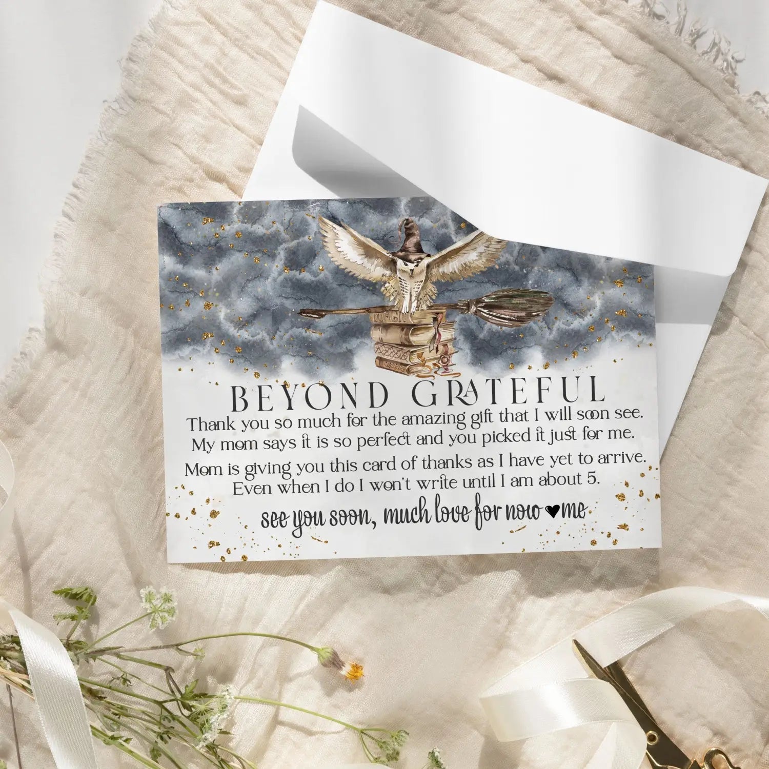 Magic owl baby shower thank you cards - luxurious black & gold notecard set (25 pack) - card