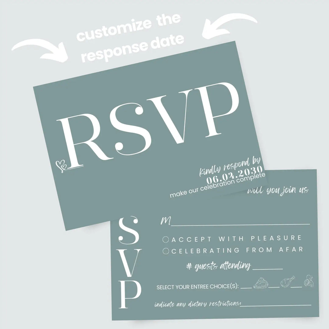 Custom rustic green rsvp cards with elegant off-white calligraphy - premium card stock 4x6 inch size - invitations