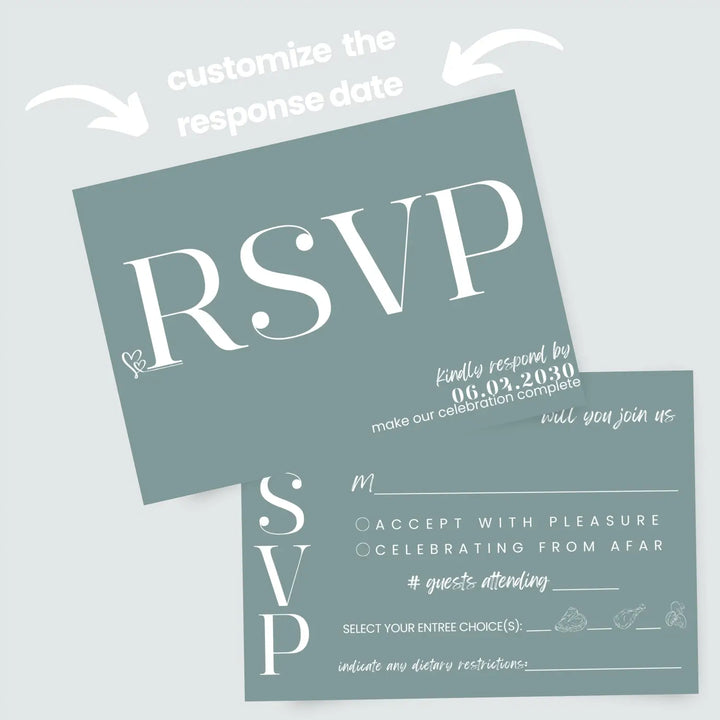 Custom rustic green rsvp cards with elegant off-white calligraphy - premium card stock 4x6 inch size - invitations