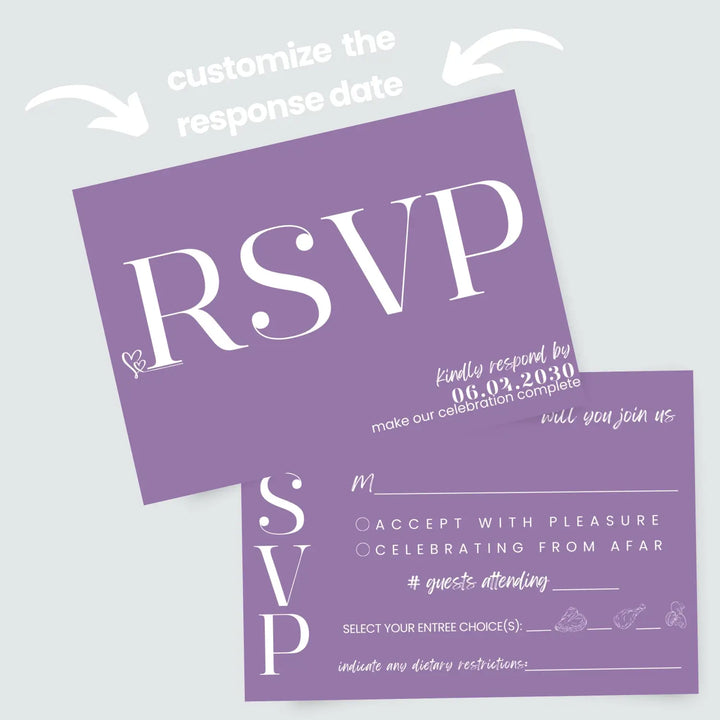 Custom bold purple rsvp cards with elegant white calligraphy - premium card stock 4x6 inch size - invitations