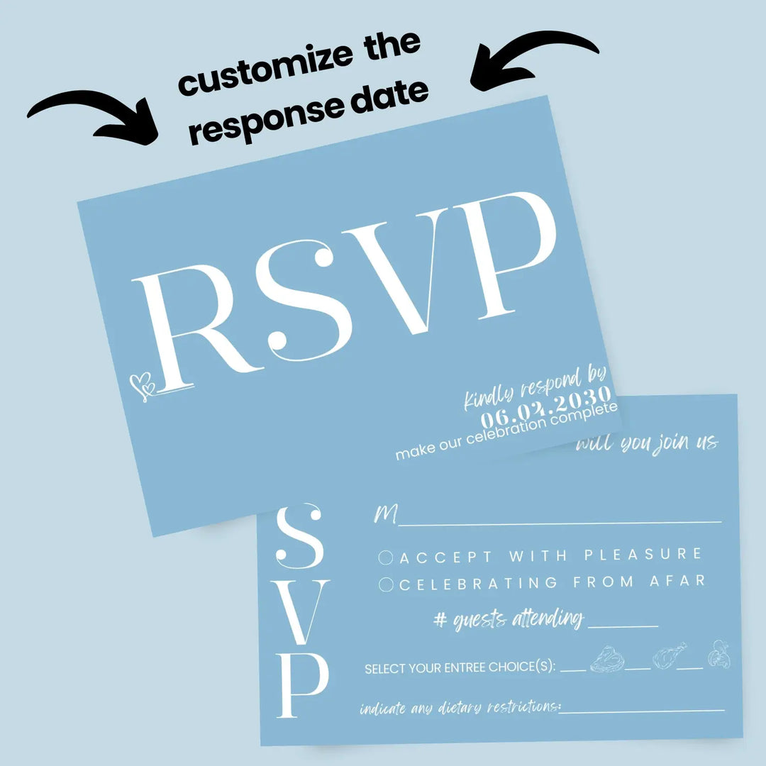 Custom sky blue rsvp cards - premium 120lb cardstock elegant calligraphy personalized dates & names includes food