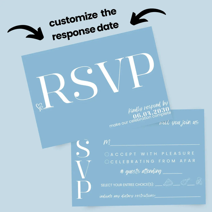 Custom sky blue rsvp cards - premium 120lb cardstock elegant calligraphy personalized dates & names includes food