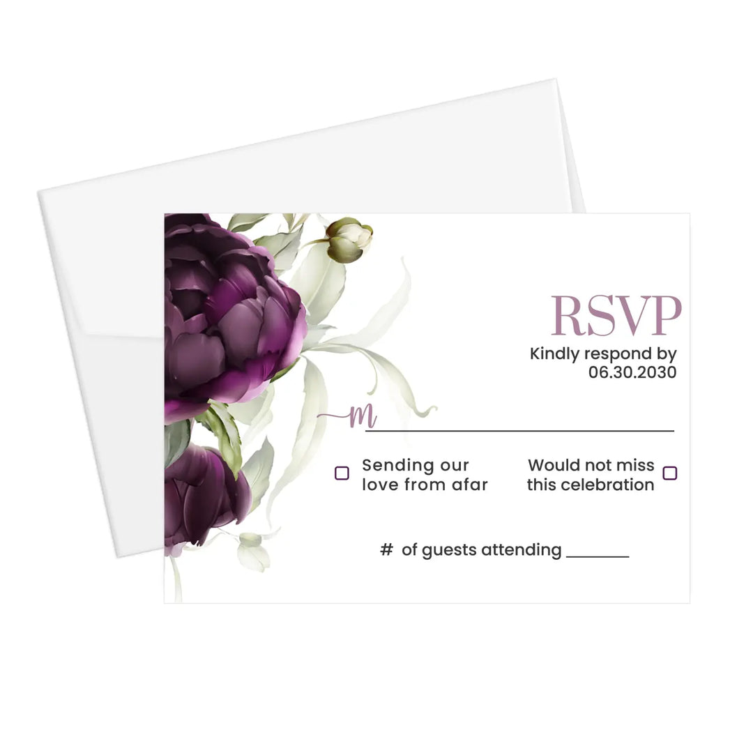 Personalized purple passion floral rsvp cards with envelopes - modern design for weddings and events - invitations
