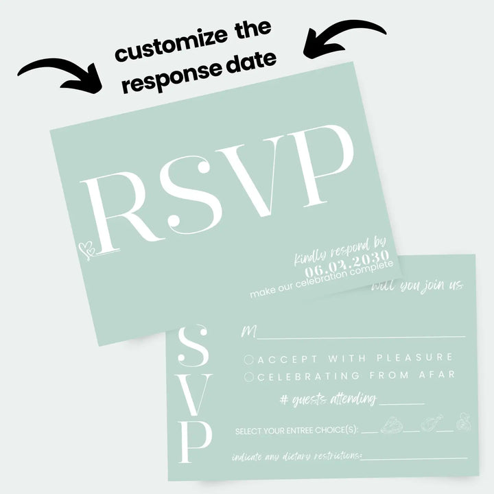 Custom seafoam rsvp cards with elegant white calligraphy - premium card stock - invitations