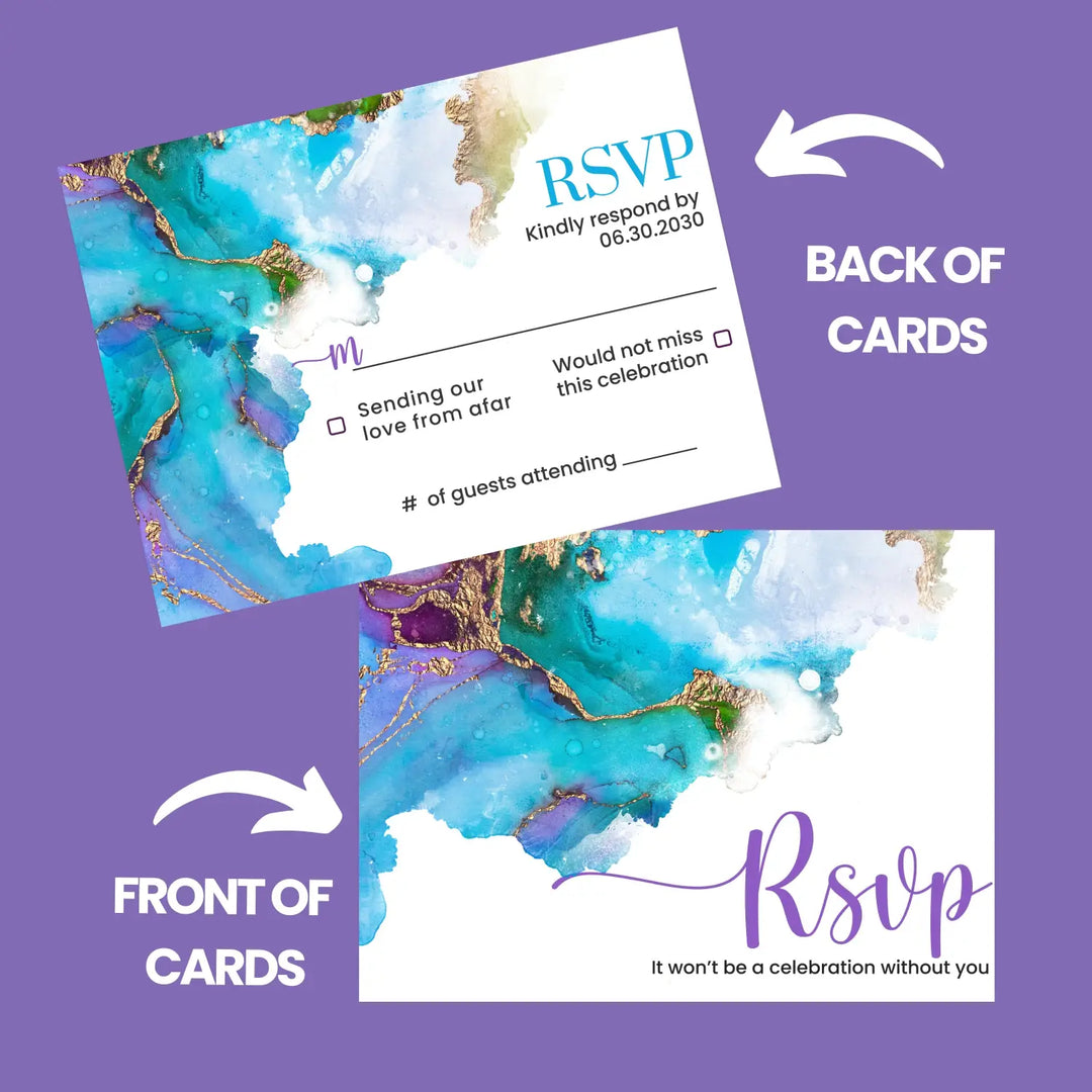 Jeweled purple & teal rsvp cards with envelopes custom printed - elegant gold watercolor for weddings and events