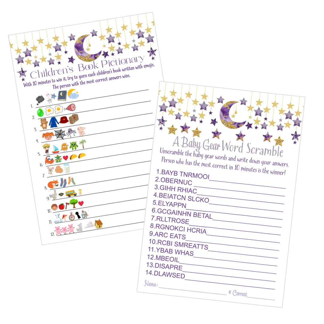 Purple & gold twinkle little star baby shower game set with word scramble and emoticon guessing - party games