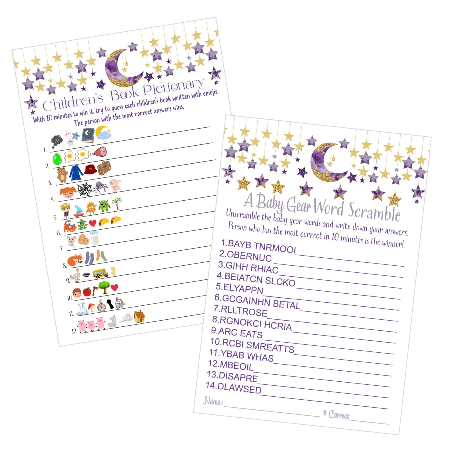 Purple & gold twinkle little star baby shower game set with word scramble and emoticon guessing - party games