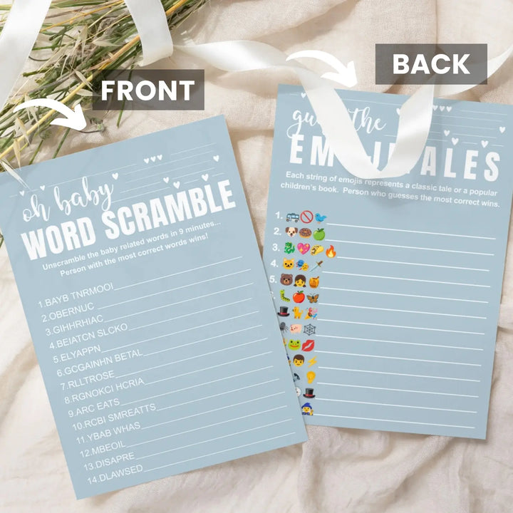 Blue baby shower game set - word scramble and guess the pictograms titles 5x7 double-sided cards 25 pack with answer