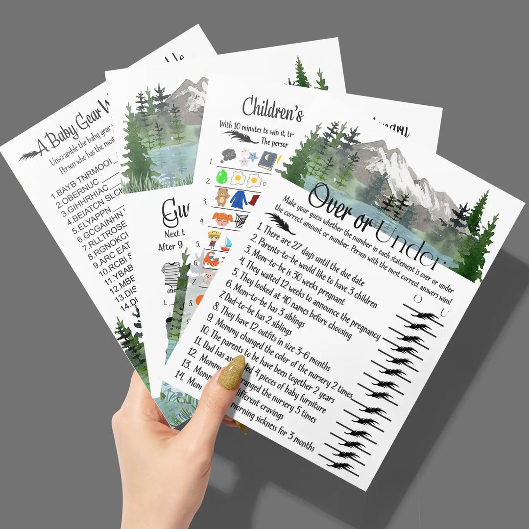 Adventure awaits mountain-themed baby shower game bundle 5x7 double-sided cards (25 ct) - party games