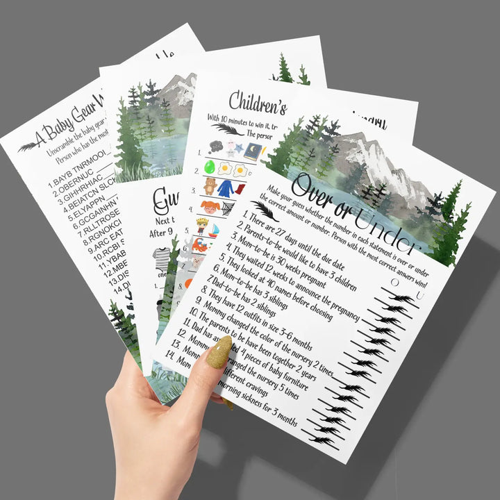 Adventure awaits mountain-themed baby shower game bundle 5x7 double-sided cards (25 ct) - party games