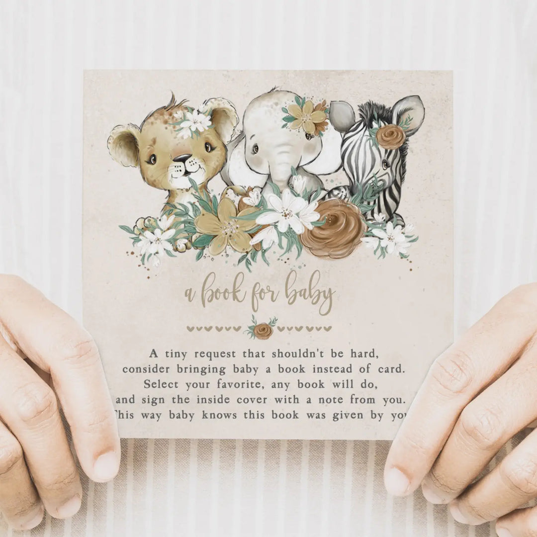 Flora safari books for baby shower request cards - invitations