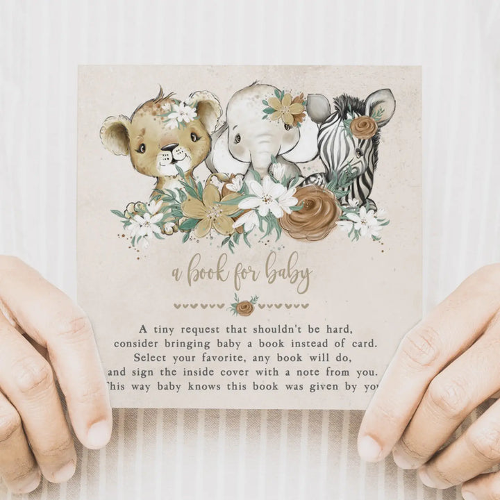 Flora safari books for baby shower request cards - invitations
