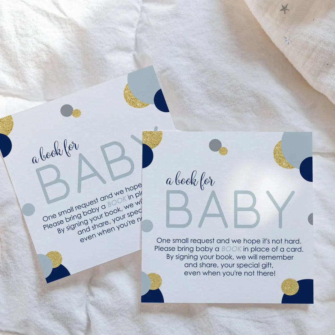 Navy and gold books for baby shower request cards - invitations