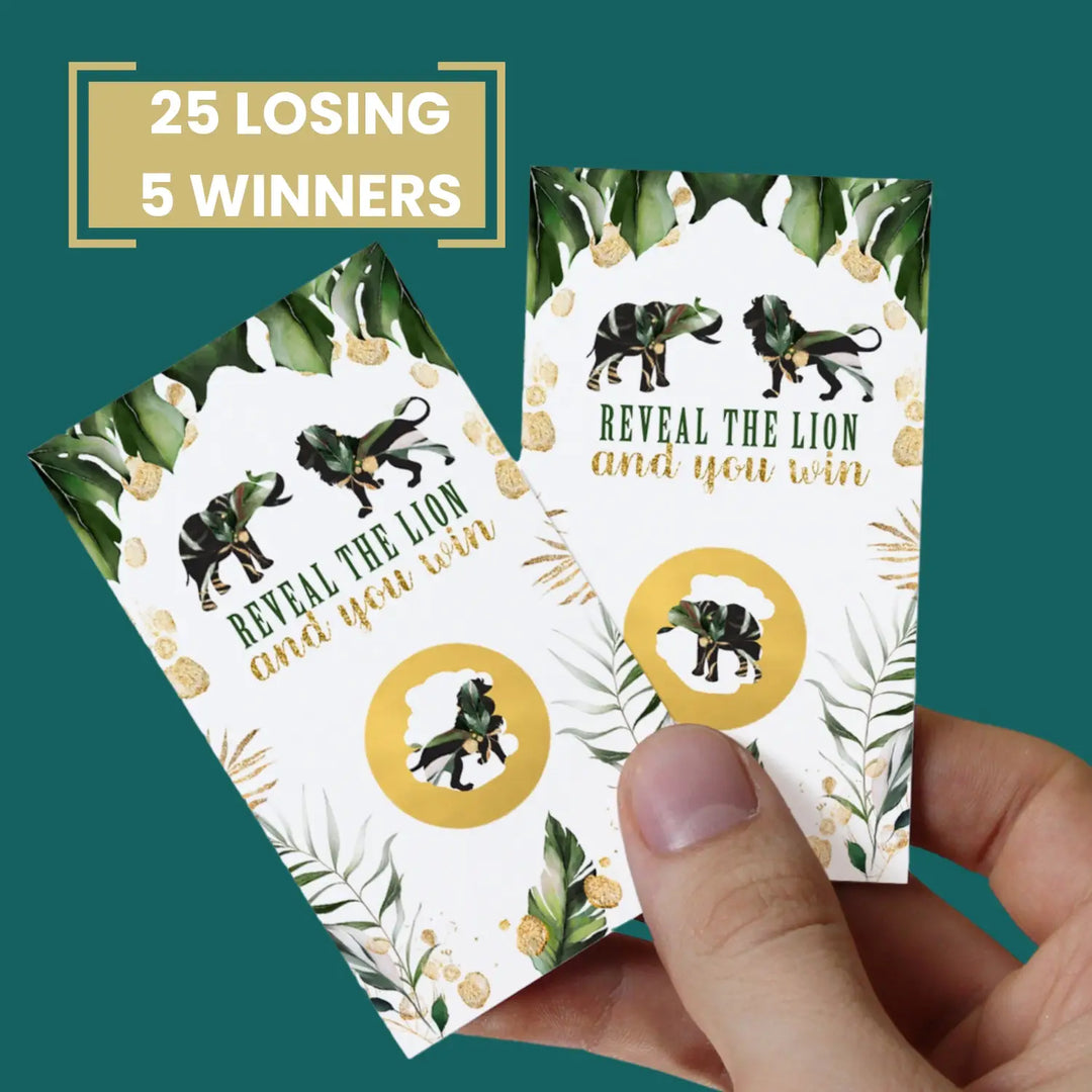Jungle-themed baby shower scratch-off game cards: 30 fun activities for boys or girls - party games