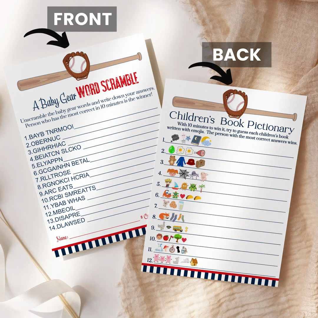 Baseball baby shower game set red & blue word scramble and storybook guessing activity - party games