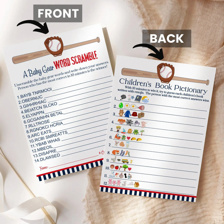 Baseball baby shower game set red & blue word scramble and storybook guessing activity - party games