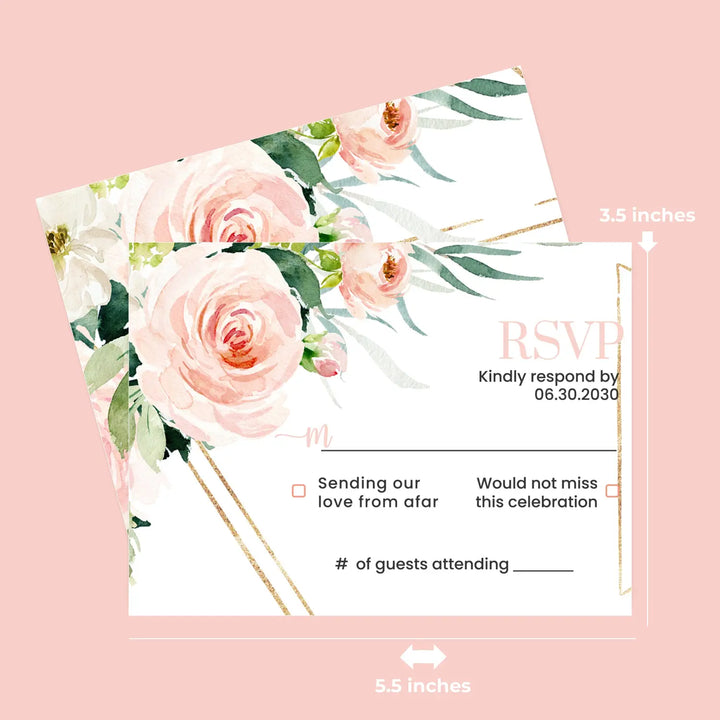 Personalized graceful floral rsvp cards with envelopes - blush gold & rustic greenery for weddings and events