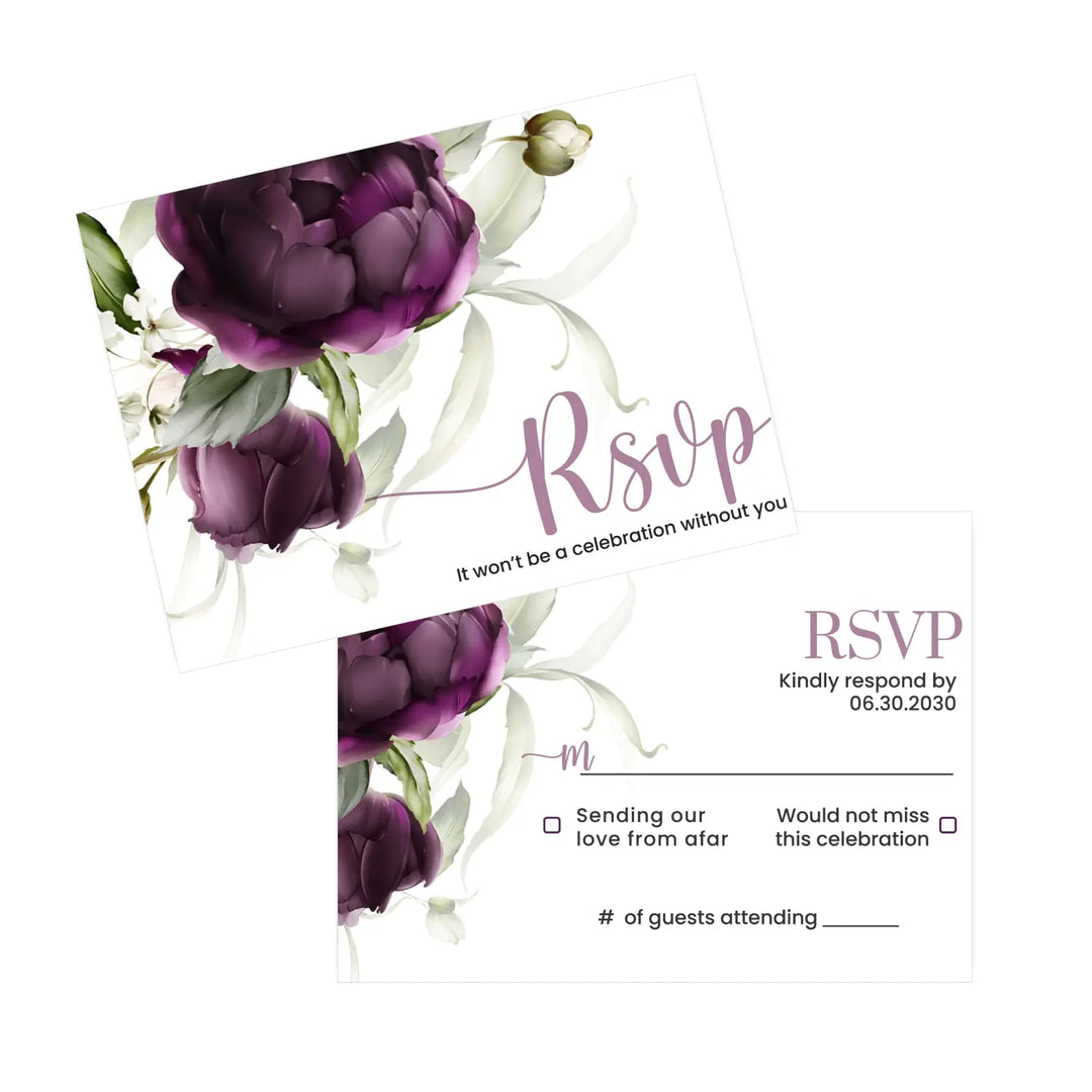 Personalized purple passion floral rsvp cards with envelopes - modern design for weddings and events - invitations