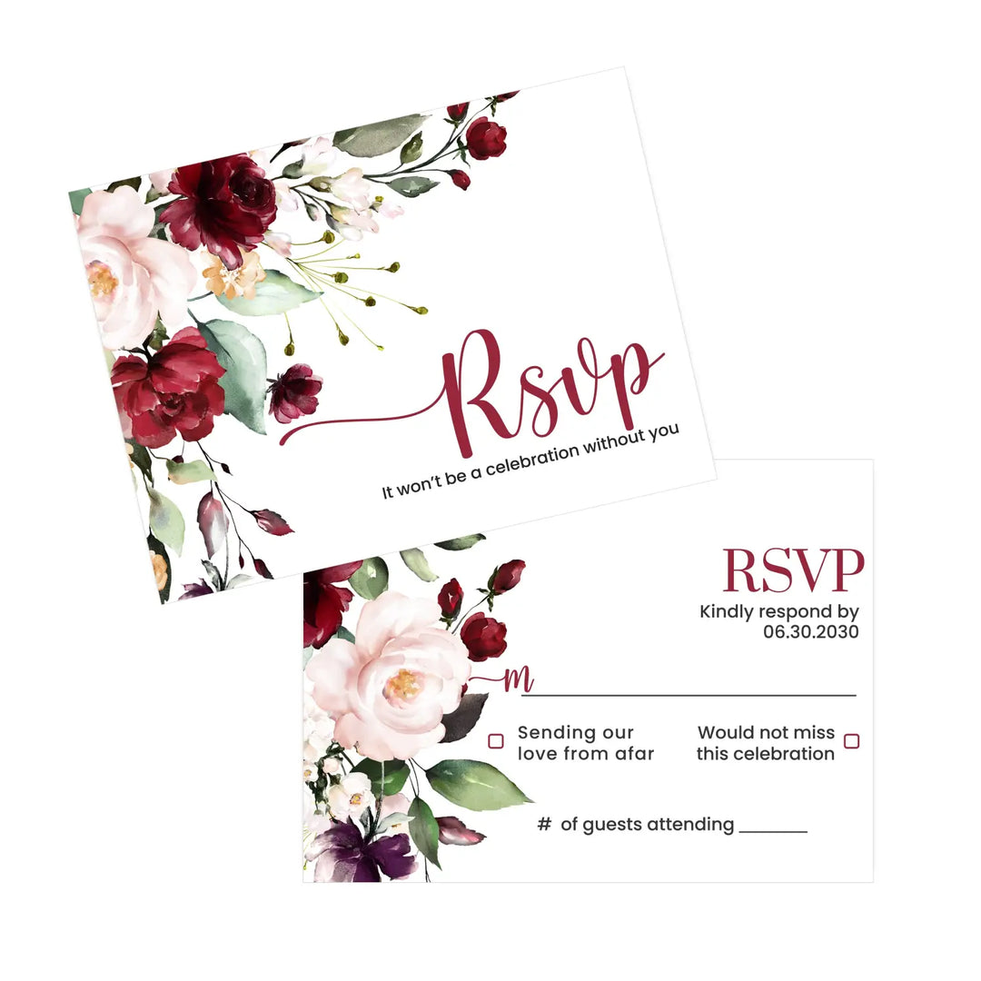 Personalized rustic floral rsvp cards with envelopes - elegant red roses & blush pink for weddings - invitations