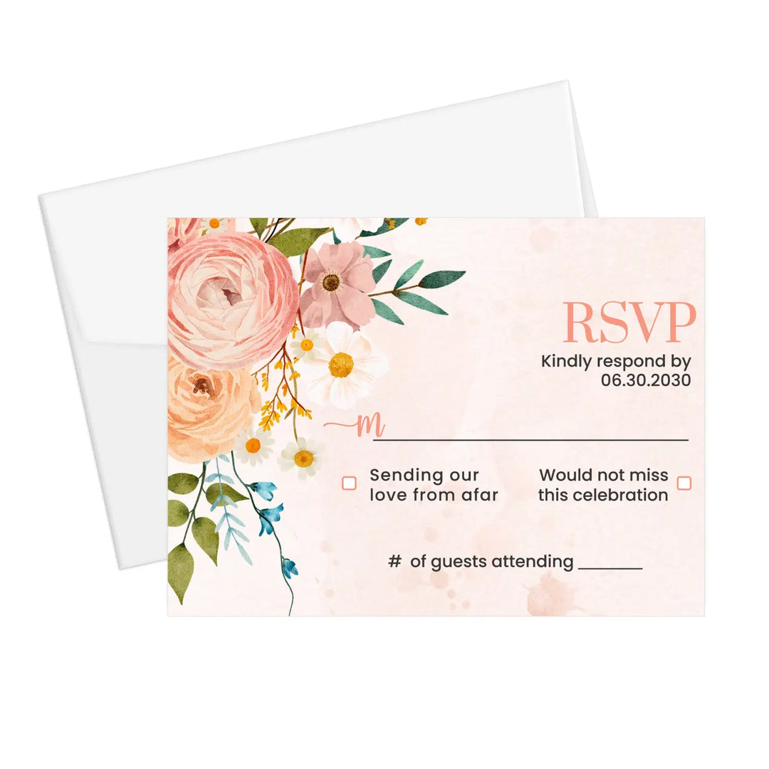 Personalized boho floral rsvp cards with envelopes - rustic terracotta and blush for weddings events - invitations