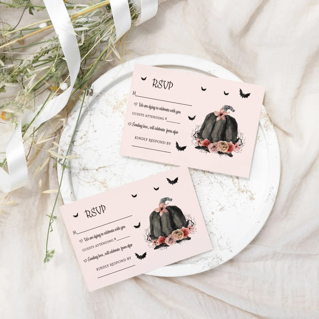 Halloween rsvp cards - spooky chic gothic pink & black pumpkin design with spiders and floral - set of 25 - invitations