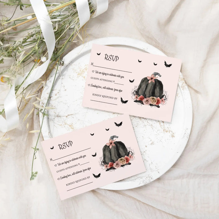 Halloween rsvp cards - spooky chic gothic pink & black pumpkin design with spiders and floral - set of 25 - invitations