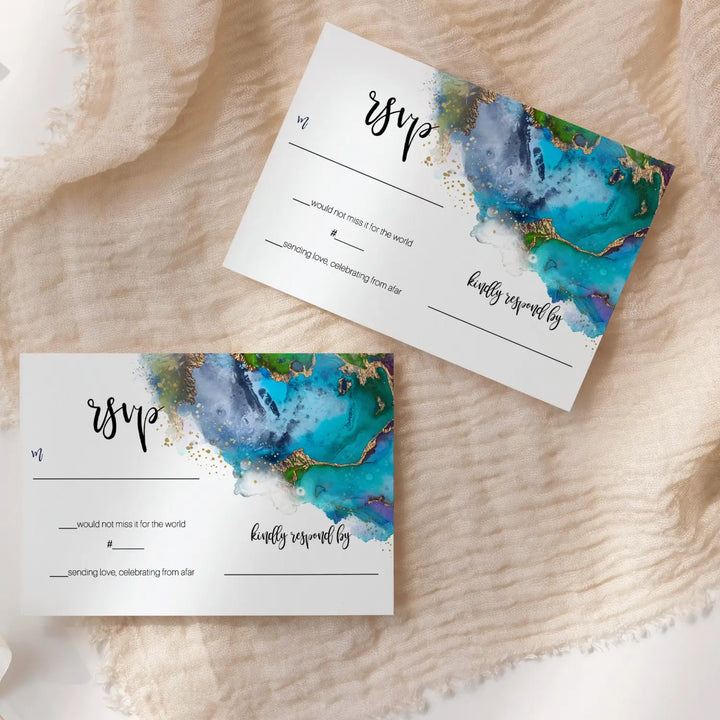 Modern teal & purple watercolor rsvp cards - chic wedding response set 3.5x5 envelopes included 25 pack - invitations