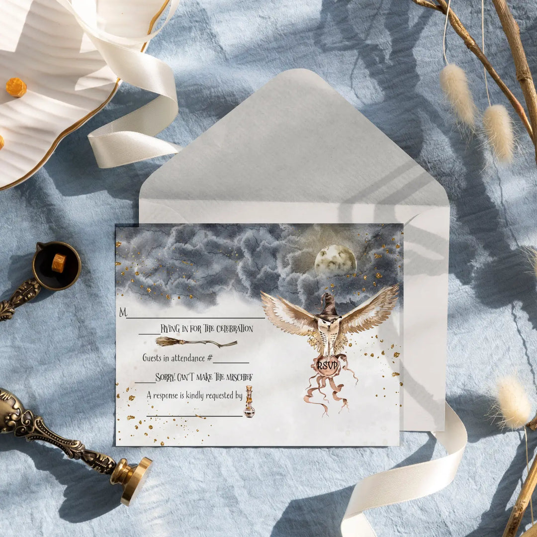 Magical black gold owl rsvp cards - enchanted wedding response set 3.5x5 envelopes included 25 pack - invitations