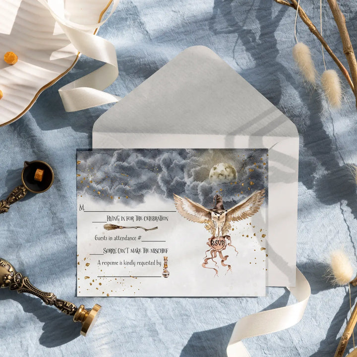 Magical black gold owl rsvp cards - enchanted wedding response set 3.5x5 envelopes included 25 pack - invitations