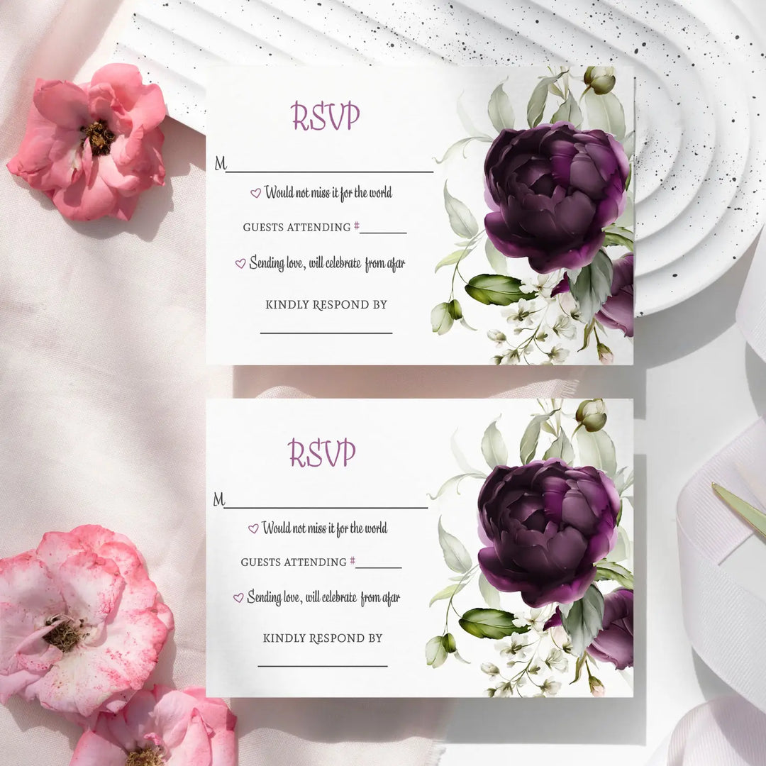 Purple passion modern floral rsvp cards - elegant wedding response set - invitations