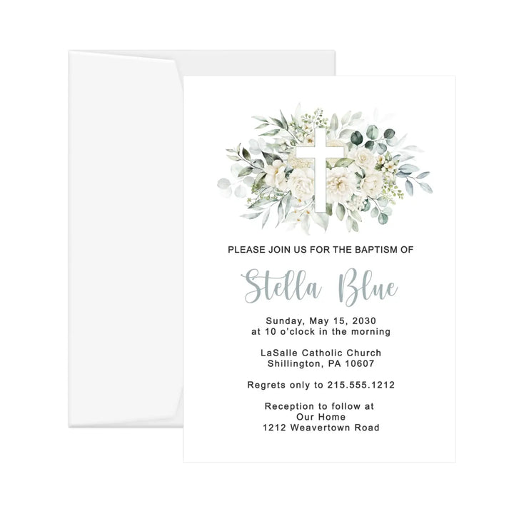 White cross custom printed event invitation sympathy funeral or baby shower personalized memorial & life invite
