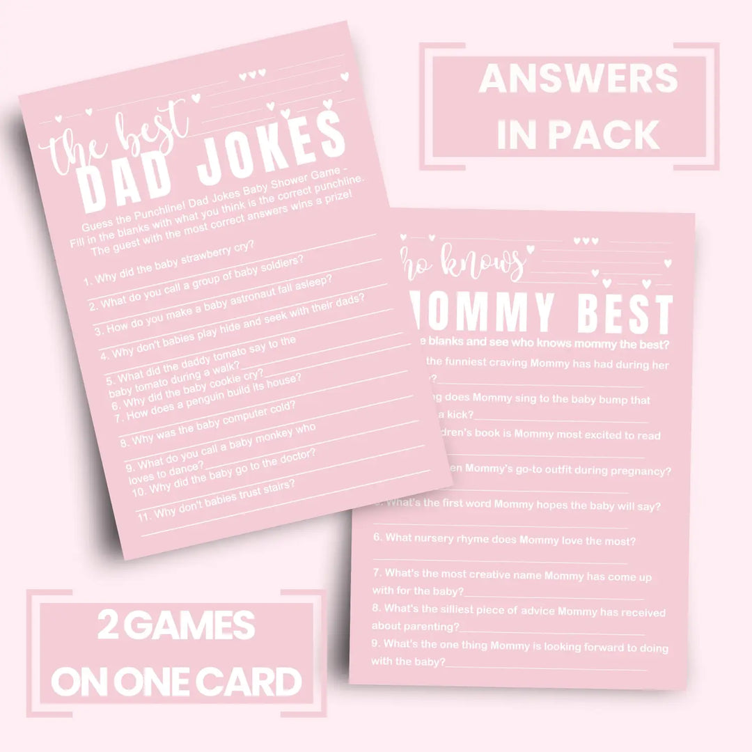 Pink baby shower game set - who knows mommy best & dad jokes modern minimalist 25 pack - party games