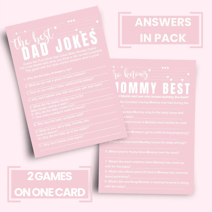 Pink baby shower game set - who knows mommy best & dad jokes modern minimalist 25 pack - party games