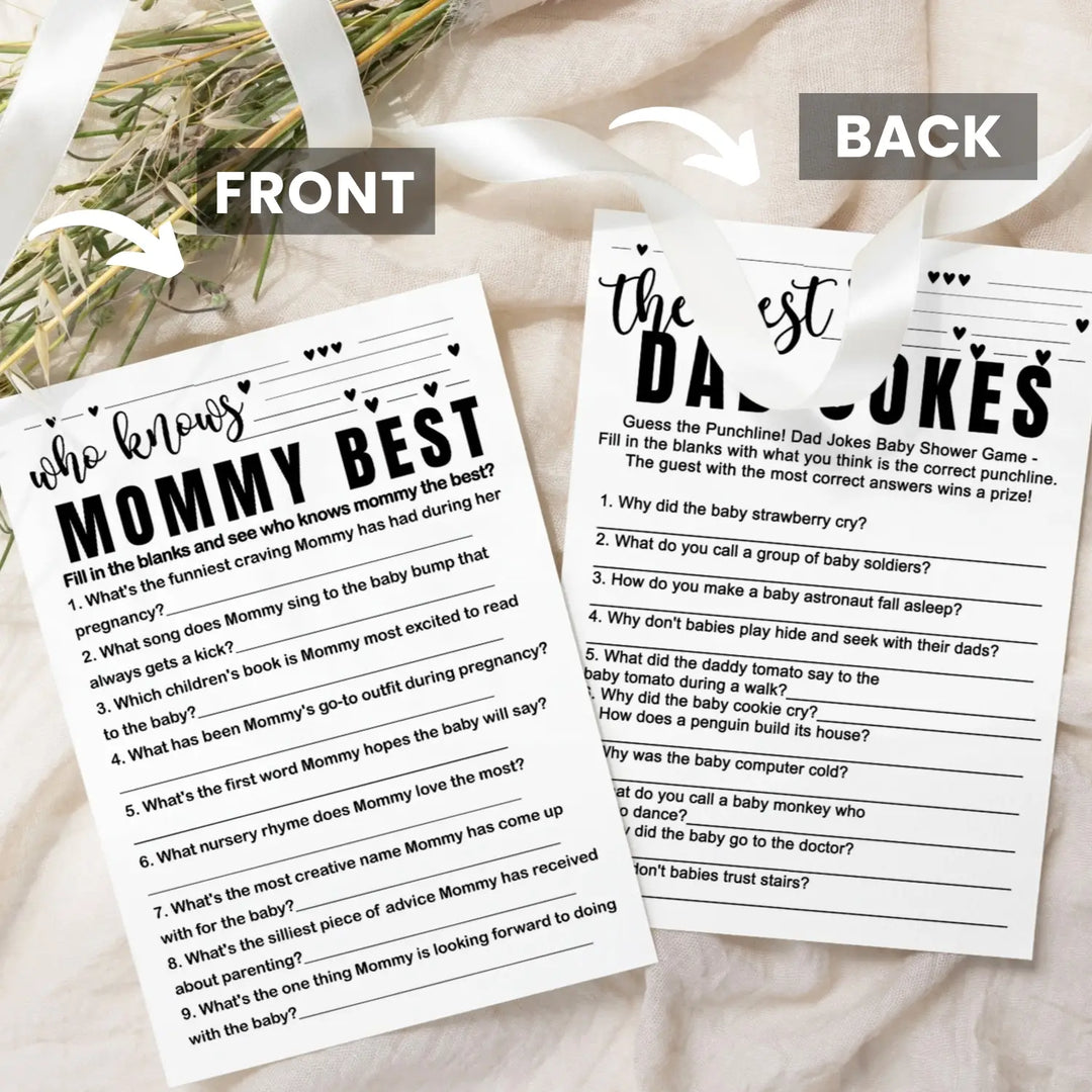 Black and white baby shower game 2-in-1 set - who knows mommy best & dad jokes 25 pack - party games
