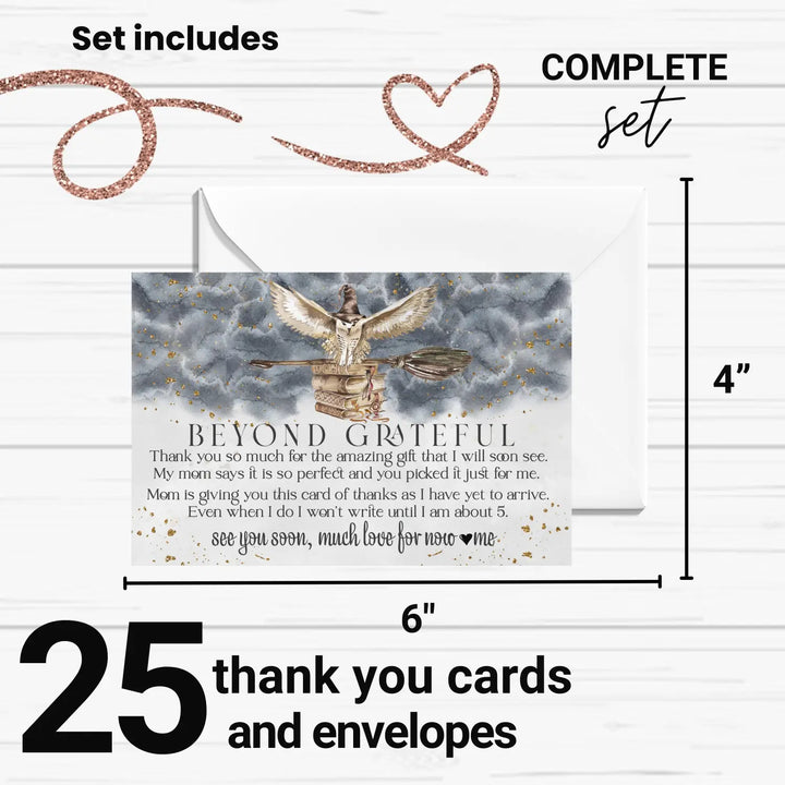Magic owl baby shower thank you cards - luxurious black & gold notecard set (25 pack) - card