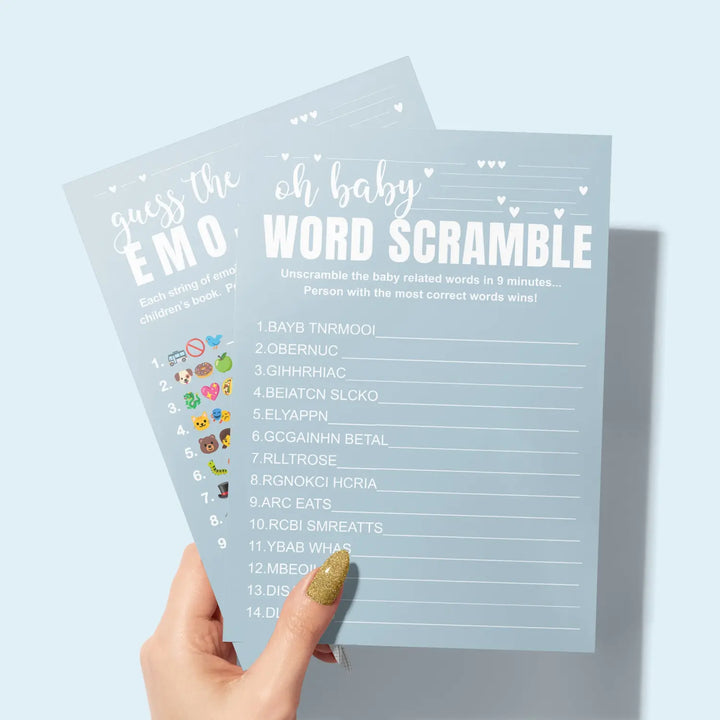 Blue baby shower game set - word scramble and guess the pictograms titles 5x7 double-sided cards 25 pack with answer