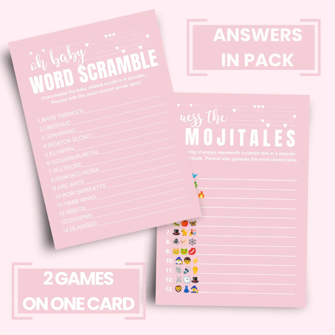 Pink baby shower game set - word scramble and guess the storybook pictograms 5x7 double-sided cards 25 pack with answer