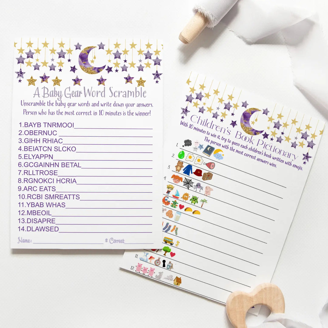 Purple & gold twinkle little star baby shower game set with word scramble and emoticon guessing - party games