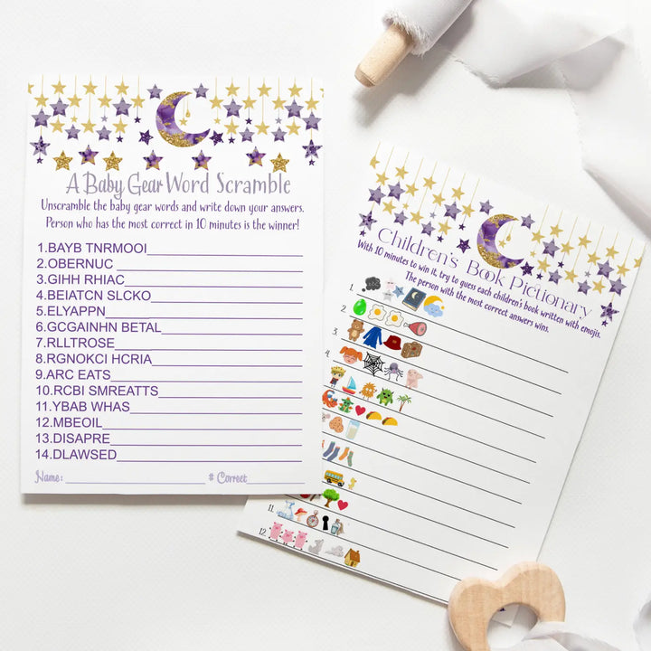 Purple & gold twinkle little star baby shower game set with word scramble and emoticon guessing - party games