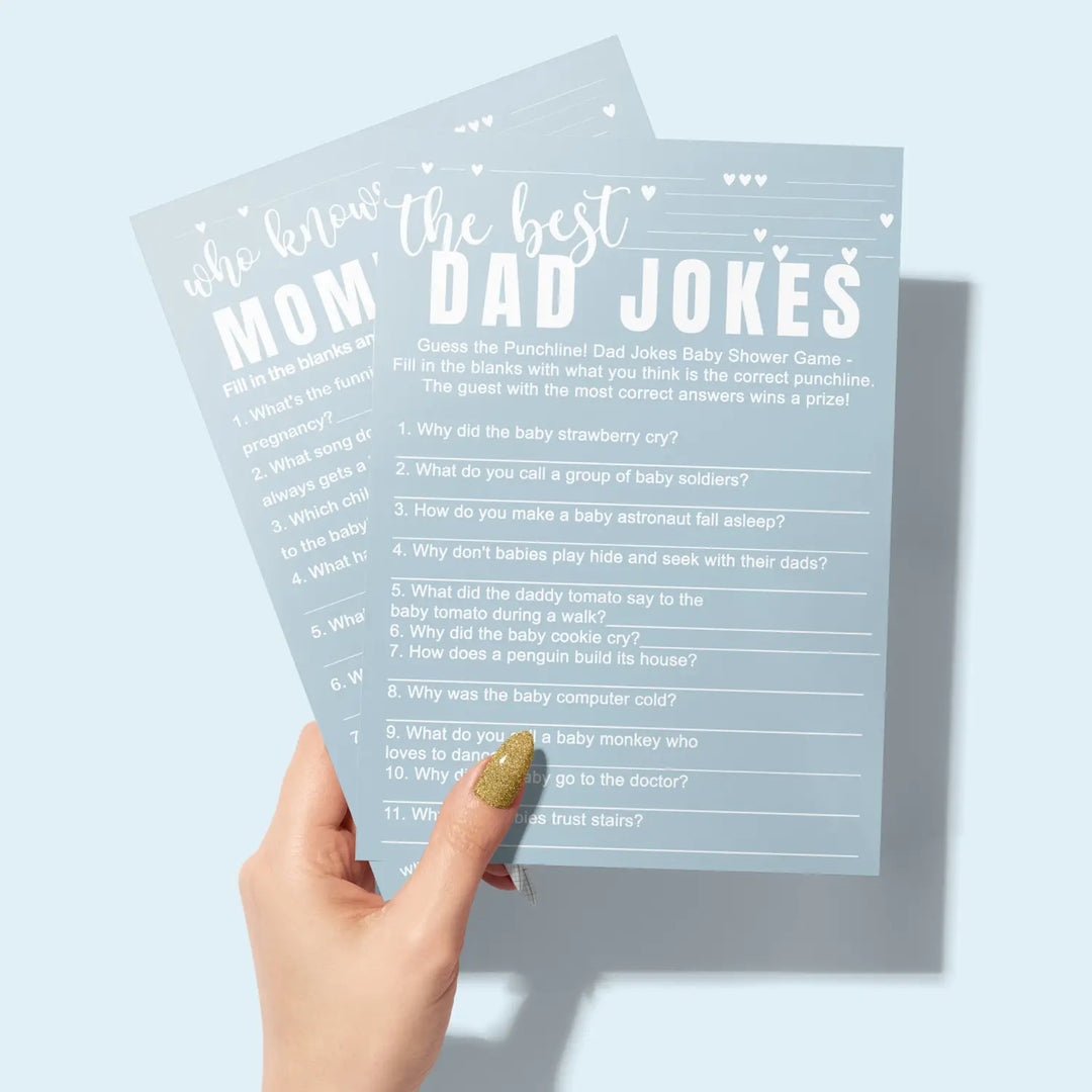 Blue baby shower game set - who knows mommy best & dad jokes modern minimalist 25 pack - party games