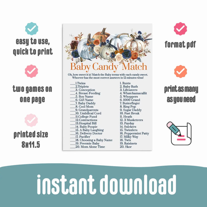 Autumn pumpkin baby shower candy matching game printable - party games