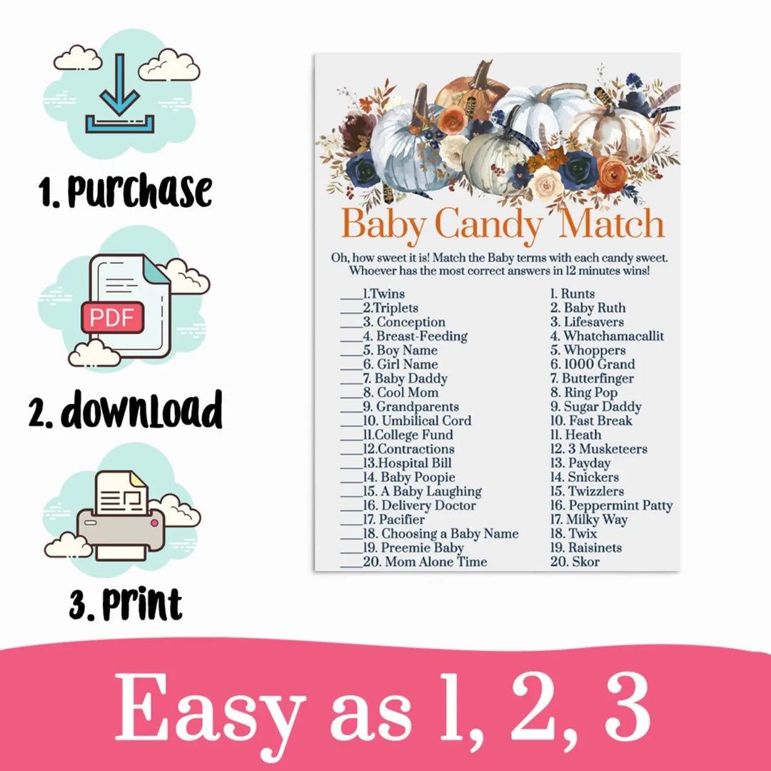 Autumn pumpkin baby shower candy matching game printable - party games
