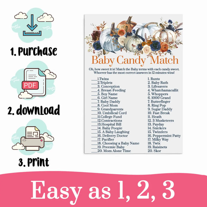 Autumn pumpkin baby shower candy matching game printable - party games