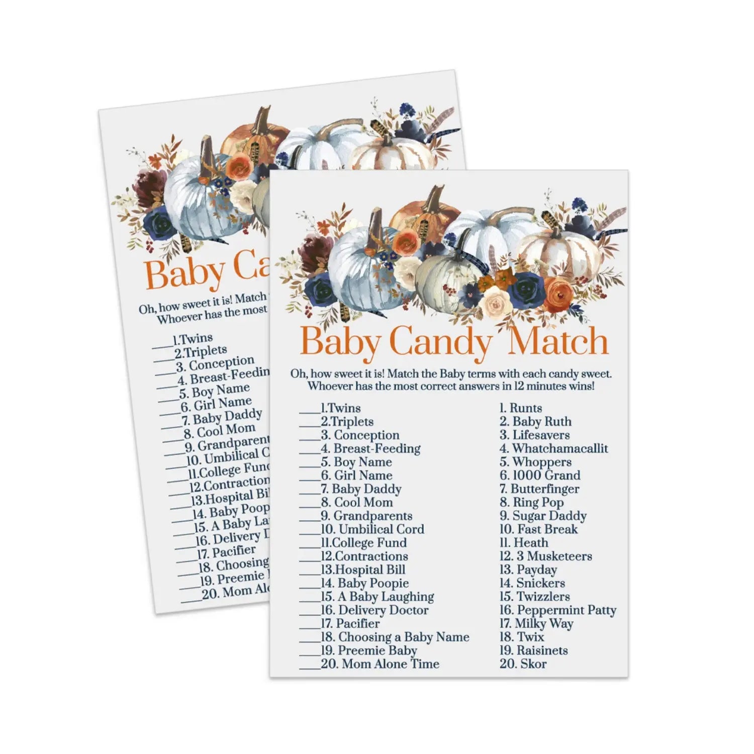Autumn pumpkin baby shower candy matching game printable - party games