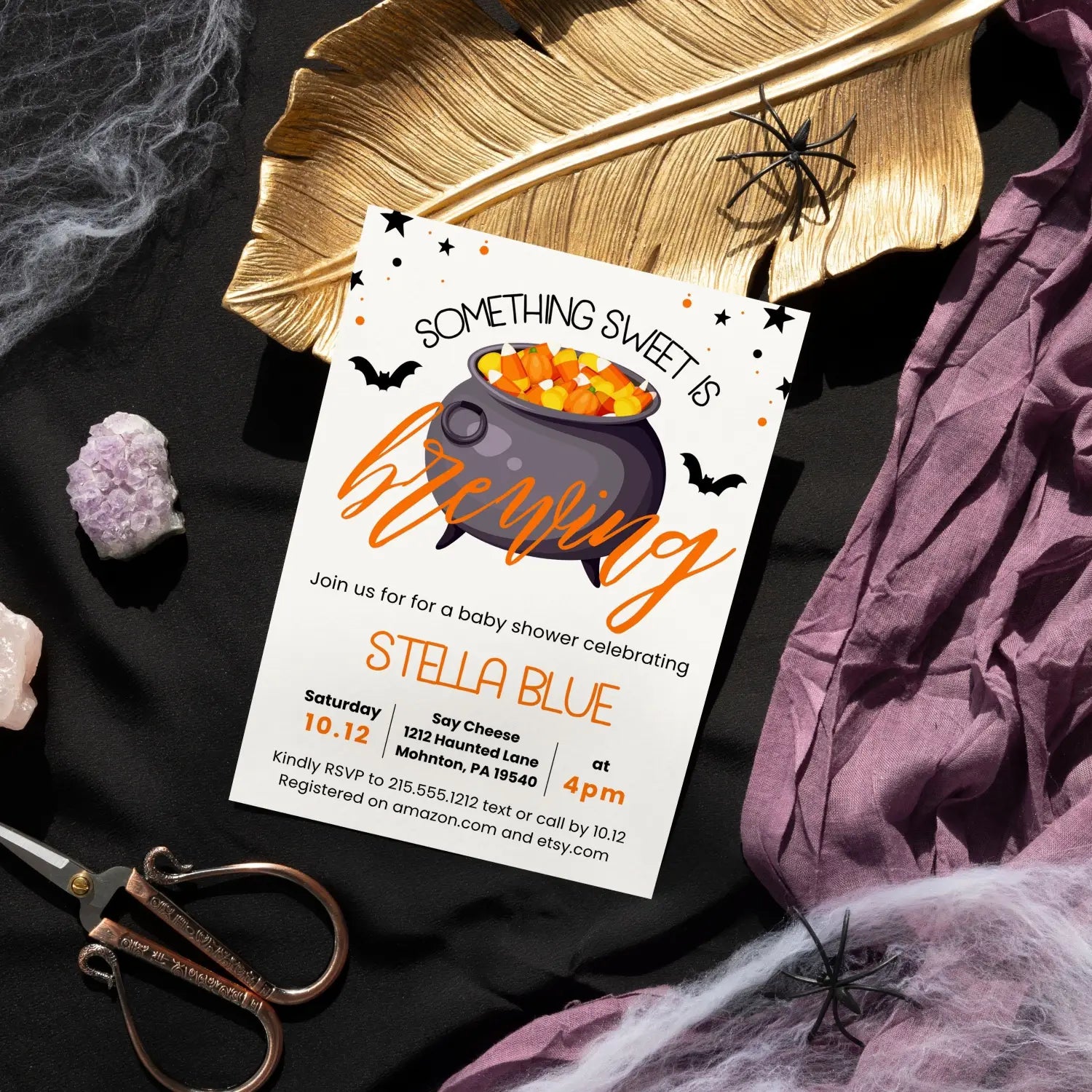 Baby is brewing invitation personalized 5x7 inches come for the shower fully customizable girls or boys spooky cute &