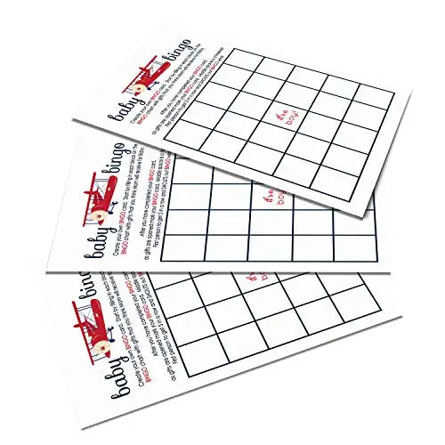 Baby shower bingo game cards - 25-pack airplane theme red & blue landing soon design - party games